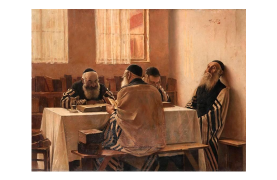 Rabbins en méditations Alois Priechenfried renouvelle dans ce tableau la scène des rabbins à l'étude que tant d'artistes se sont essayés à peindre et que si peu ont réussi à rendre. L'artiste est parvenu, dans cette composition particulièrement équilibrée, à décrire l'enchantement d'un lieu d'étude où règnent concentration, mysticisme et sérénité. Le jeu de la lumière sur les visages des rabbins concourt à renforcer le sentiment de quiétude et d'intemporalité, attaché à l'étude de la Torah. Cette scène de Shtetl que les peintres représentent souvent dans la pénombre est ici nimbée de lumière. C'est cette lumière qui transcende l'ameublement spartiate de la pièce et permet de se focaliser sur les personnages. Record de l'artiste 75000 € frais compris